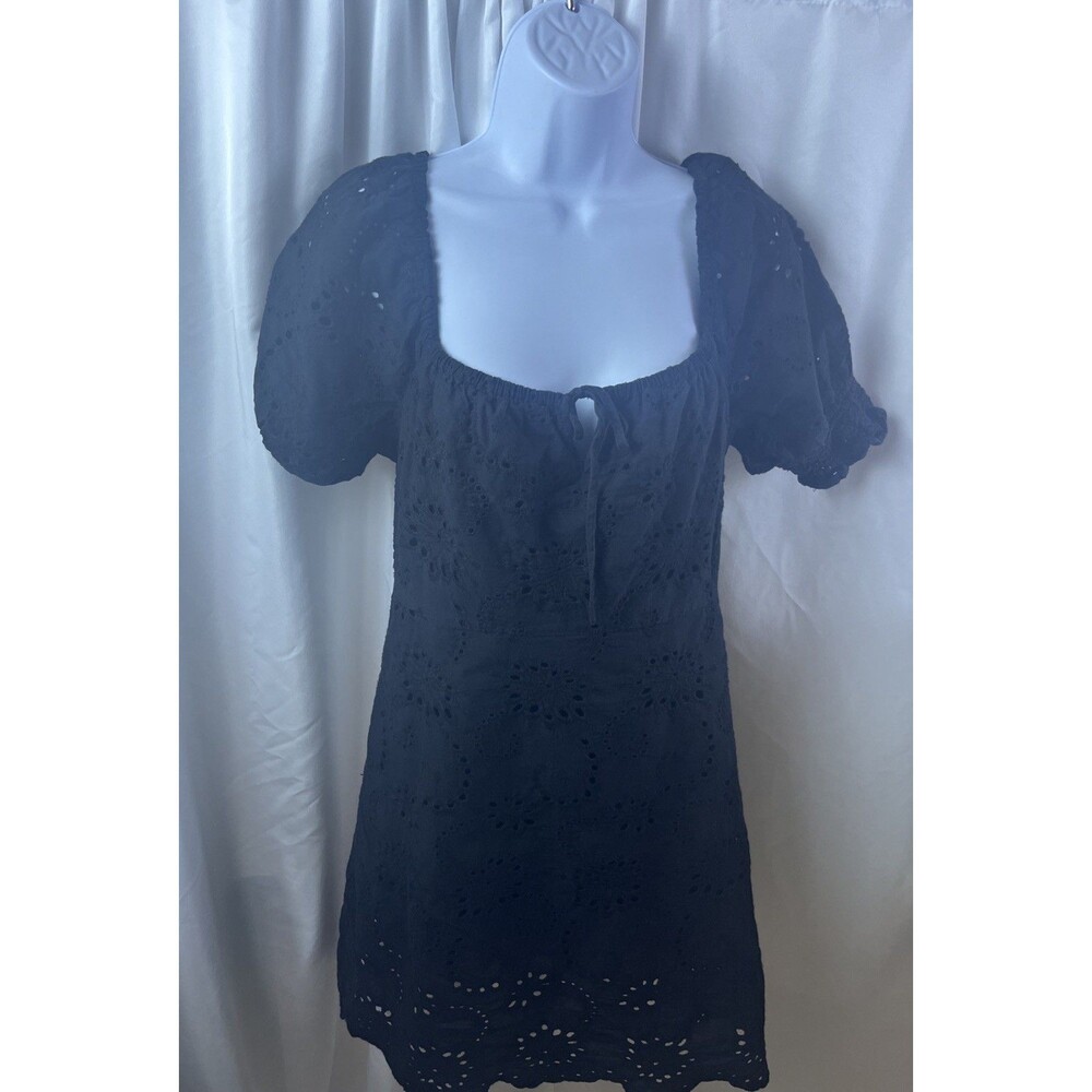 7 For All Mankind Women’s All over Floral Eyelet Babydoll Black Mini Dress M